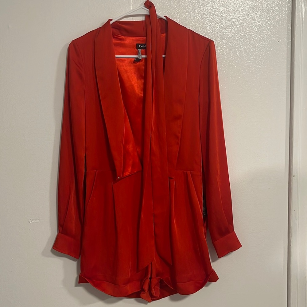 Bebe red long sleeves belted romper